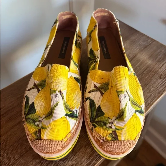 Dolce & Gabbana Yellow Lemon Print Platform Espadrilles - Picture 3 of 10